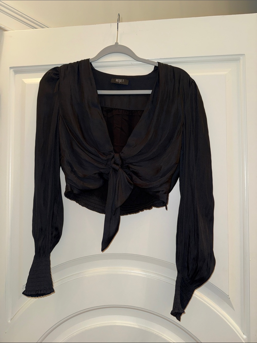 reset Tie-Front Long Sleeve Crop Blouse in Black